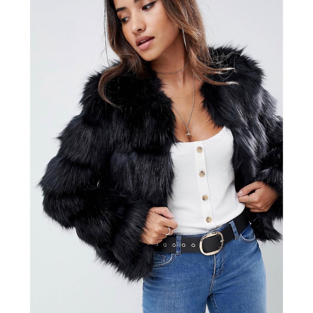 ASOS Design Textured Faux Fur Coat in Black - Size 0
